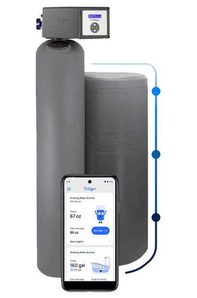 Culligan Smart HE Water Softener shown with the Culligan mobile app