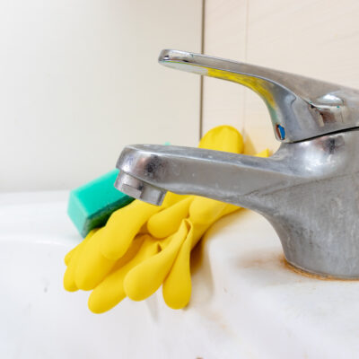 Sponge and gloves for washing dirty faucet with limescale, calcified water tap with lime scale on washbowl in bathroom, hard water